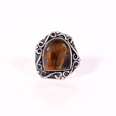 Handcrafted Oxidized Plated Ring with Oval Tiger Eye Gemstone for Women